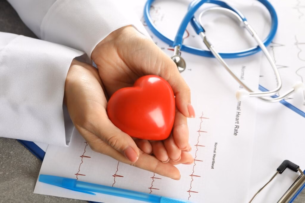 Medical concept with female doctor holding heart